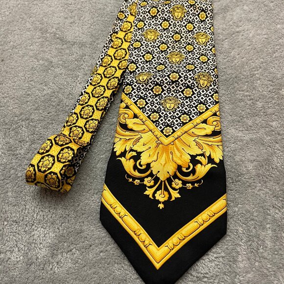 GIANNI VERSACE VINTAGE '90s ICONIC BAROQUE TIE ART Gold Black Hand Made Spain